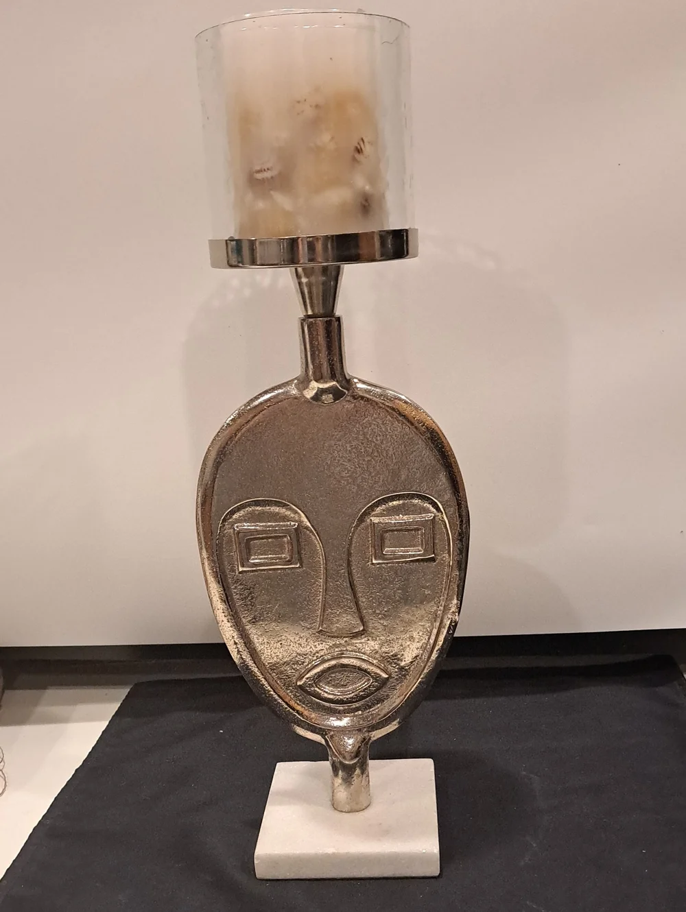 ABSTRACT TRIBAL Face Silver Tone Candle Holder/sculpture On Stone Base
